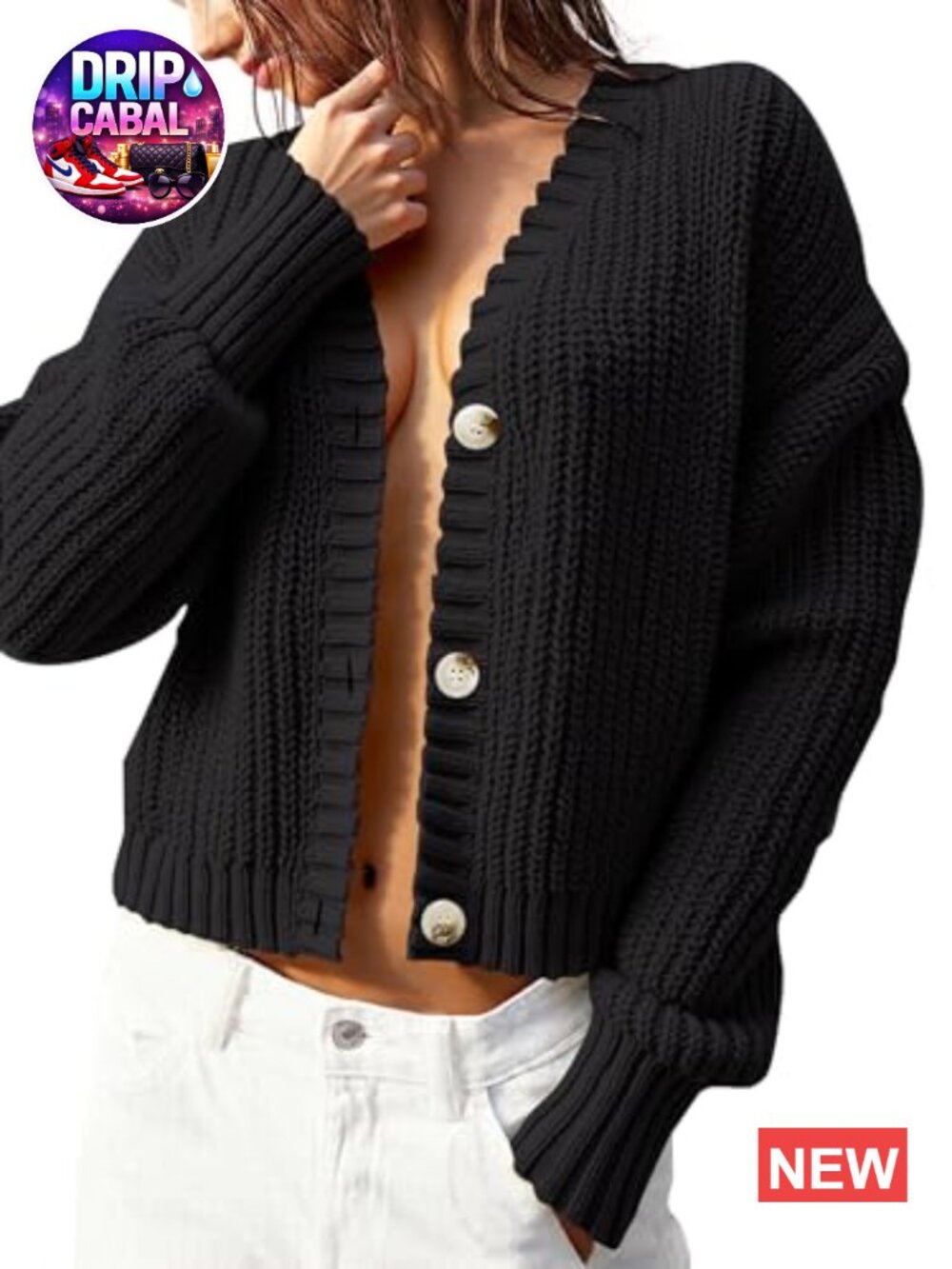 Chunky Waffle Knit Oversized Cardigan - Button Down V-Neck Casual Layering - Picture 5 of 6